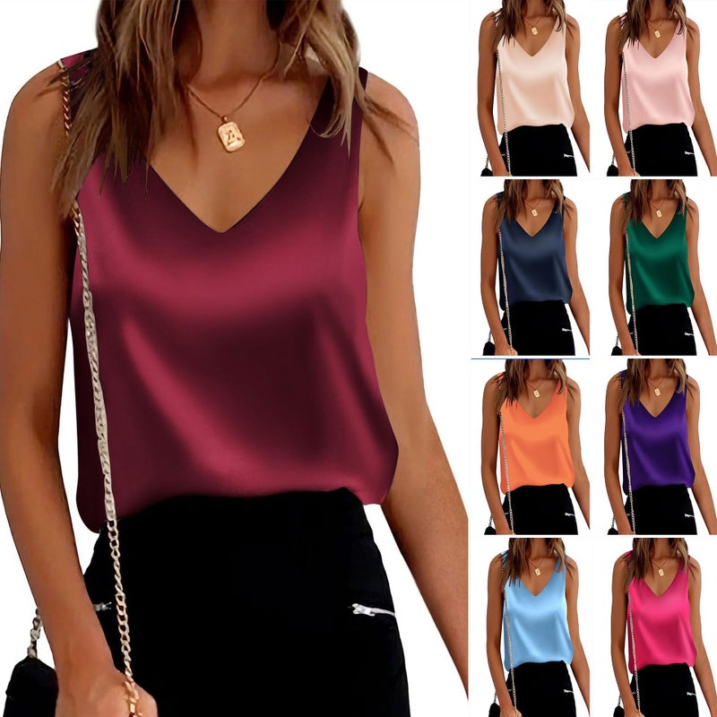 Women's Sleeveless Satin V-Neck Loose Solid Camisole - Image 1