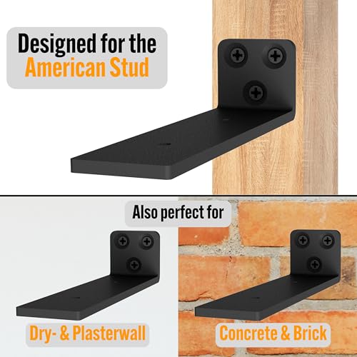 EVALD Floating Shelf Brackets | Hidden Black Carbon Steel Brackets for 6-inch Board (5 1/4" True Size) Kitchen, Nursery | Minimalist Design for Fireplace Mantel, Bookshelves, Bar Wall Shelves 4 Pack - Image 2