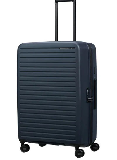 Samsonite restackd suitcase check-in size 75 cm / 28 inch, 4 spinner wheels, polypropylene, midnight|tsa combination lock|shock absorbing wheels|expandable - 5 years international warranty