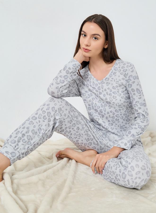 Take Two Grey Leopard Print T-Shirt and Pyjama Set - Image 1