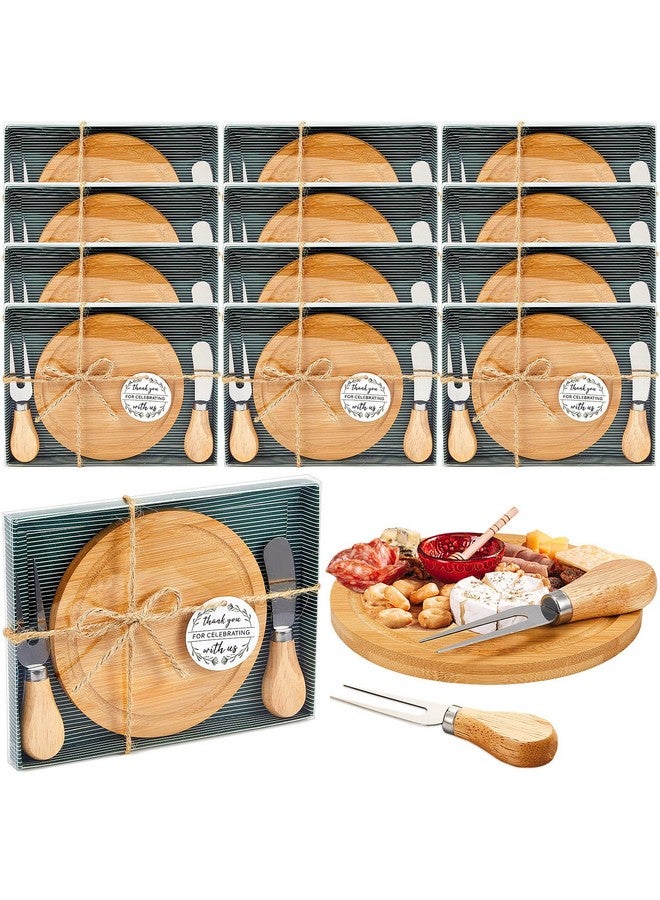 Maxcheck Maxcheck 12 Sets Baby Shower Bridal Game Prizes for Winners Round Cheese Board Set Wood Mini Charcuterie Board with Knives and Forks Bulk Thank You Card with Gift Box for Guests Wedding Favor (Bamboo)  - Image 1