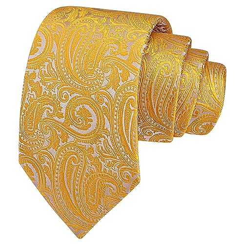 GUSLESON Mens Yellow Tie and Lapel Pin Silk Paisley Necktie Hankerchief Cufflinks Set for Wedding (IN6103-12) - Image 3