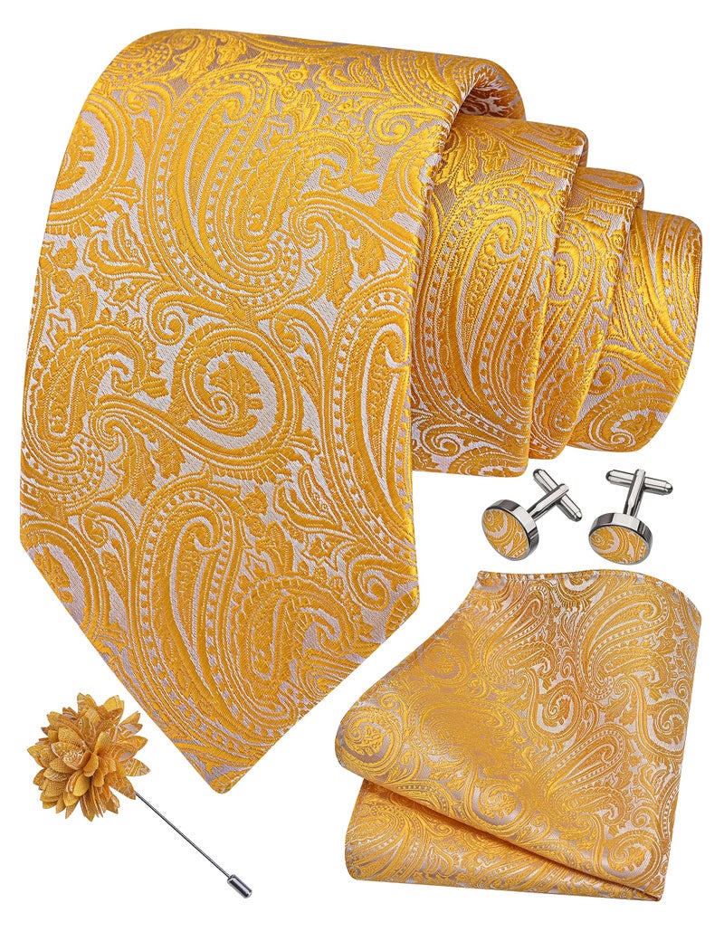 GUSLESON Mens Yellow Tie and Lapel Pin Silk Paisley Necktie Hankerchief Cufflinks Set for Wedding (IN6103-12) - Image 1