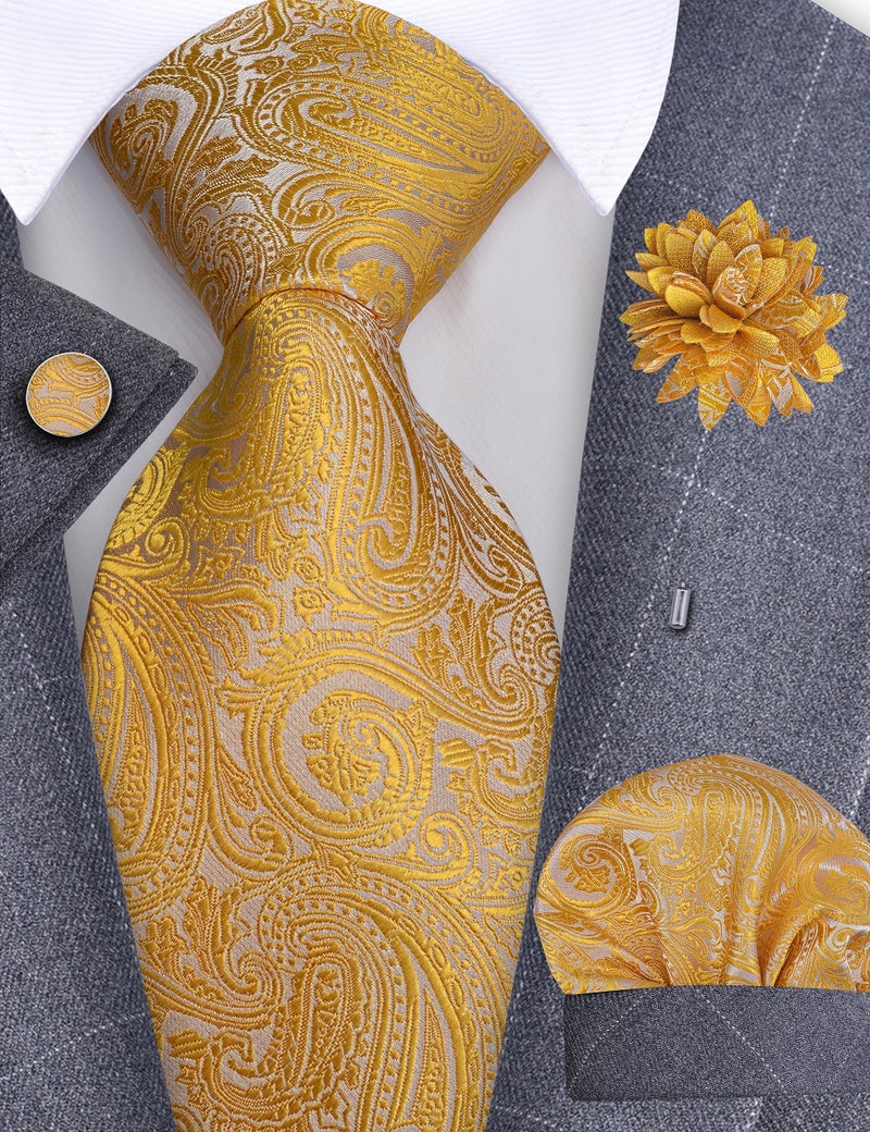 GUSLESON Mens Yellow Tie and Lapel Pin Silk Paisley Necktie Hankerchief Cufflinks Set for Wedding (IN6103-12) - Image 2