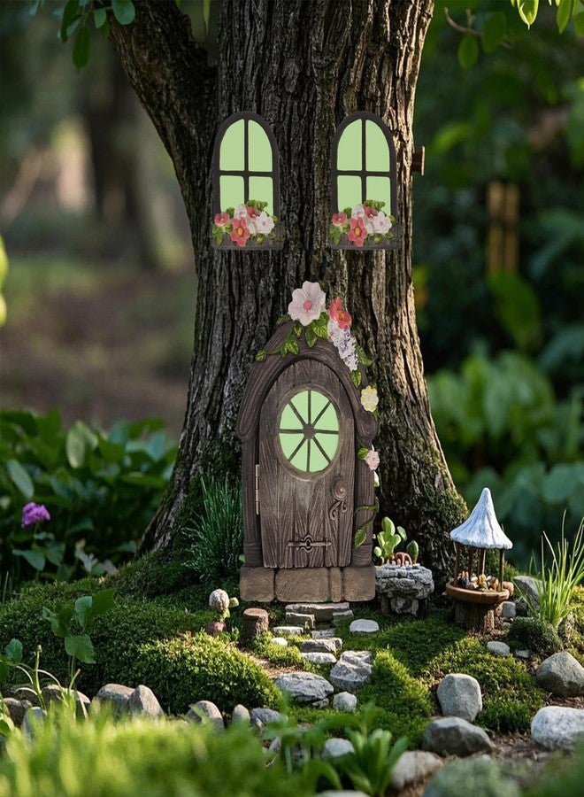 FESTGLOX Fairy Door and Windows for Tree, Glow in the Dark Fairy Garden Miniature Accessories for Tree Stump Decor, Resin Fairy House Kit with Fairy Lantern for Gnome, Outdoor Yard, Lawn, Garden Decor - Image 4