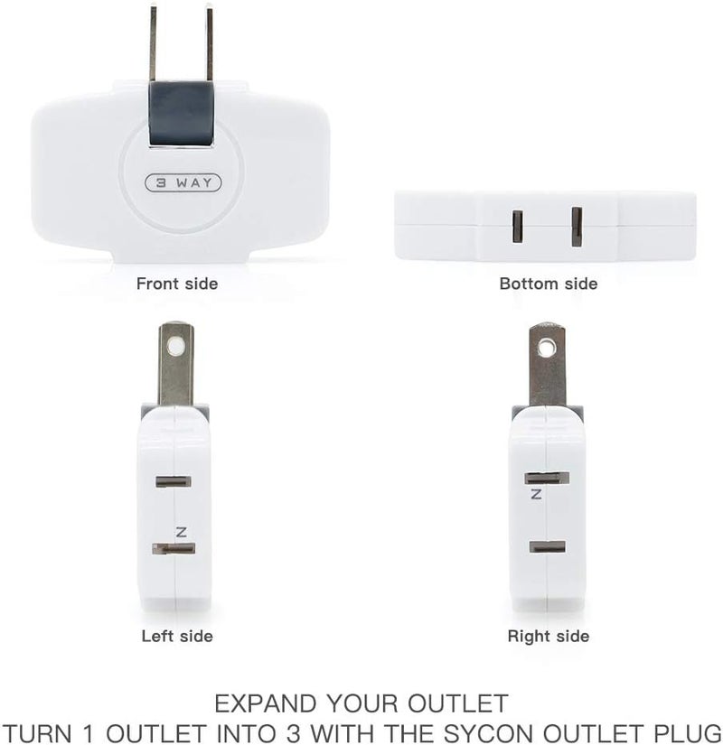 SYCON Outlet Wall Adapter, 2-Prong Swivel Ungrounded Indoor AC Mini Plug Wall Tap-White (3 Way-2 Pack) - Image 4