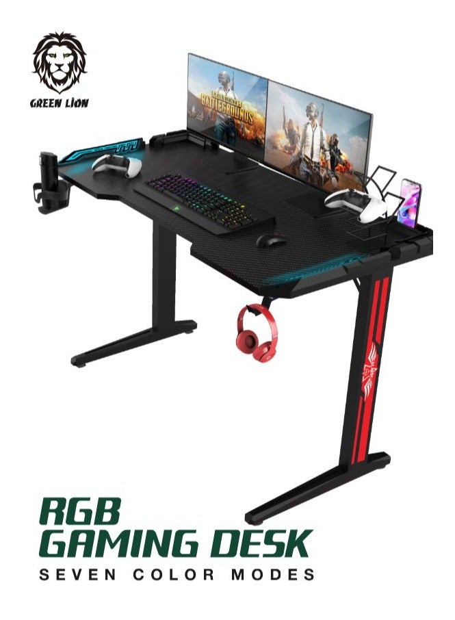 GREEN LION RGB Gaming Desk 120x60 with Seven Color Modes and Cup Holder / Home Office Desk /Mobile Phone Groove / Gamers Table / Wear Resistant / Anti-Collision Design / High-Temperature Resistant / Carbon Steel Table Legs - Black - Image 1
