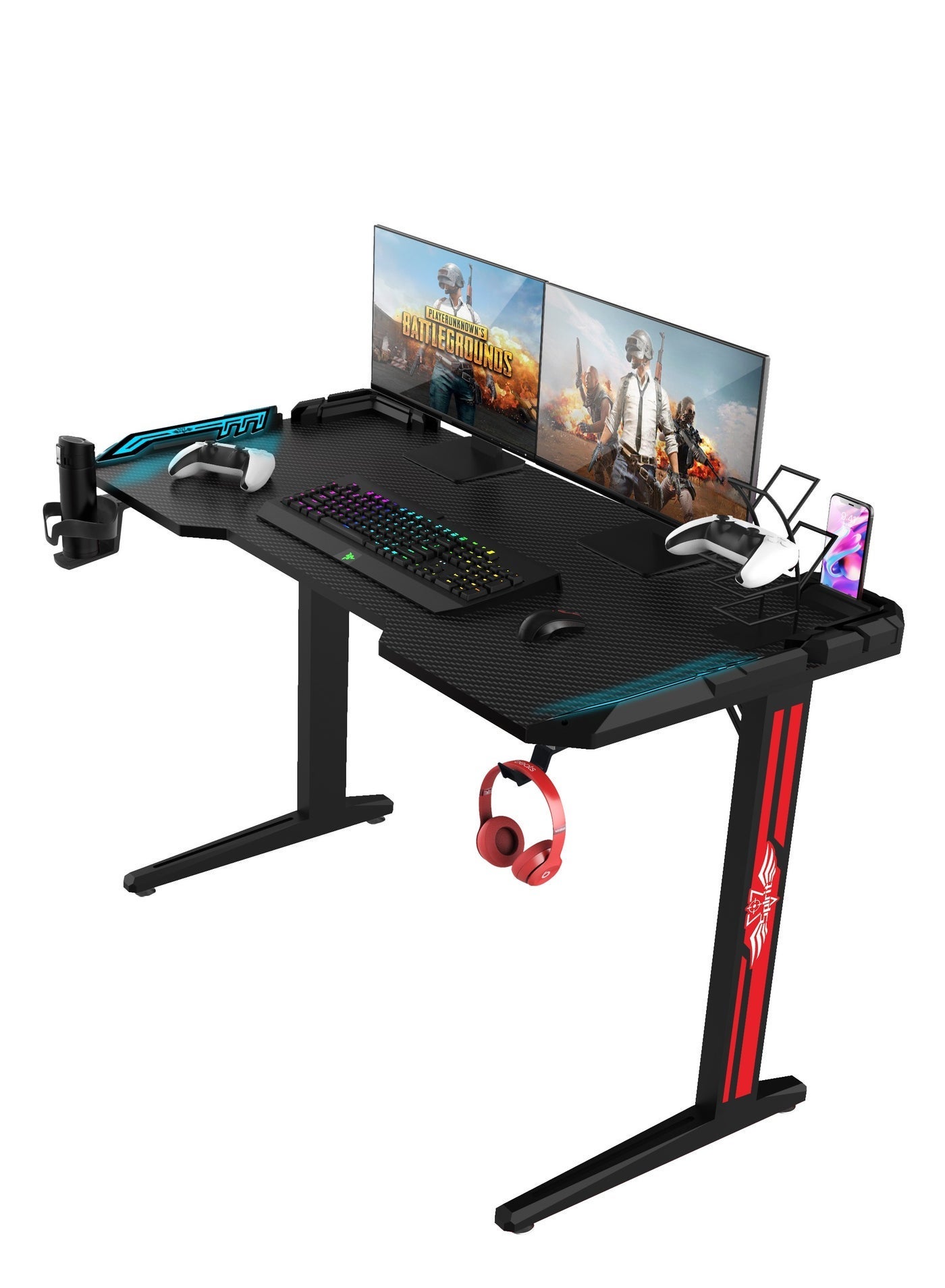 RGB Gaming Desk 120x60 with Seven Color Modes and Cup Holder, Home Office Desk, Mobile Phone Groove, Gamers Table, Wear Resistant, Anti-Collision Design, High-Temperature Resistant, Carbon Steel Table Legs - Black