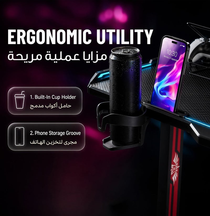 جرين ليون مكتب ألعاب RGB مقاس 120×60 مع سبعة أوضاع ألوان وحامل أكواب، مكتب للمنزل أو المكتب، أخدود للهاتف المحمول، طاولة للاعبين، مقاوم للاهتراء، تصميم مضاد للاصطدام، مقاوم لدرجات الحرارة العالية، أرجل طاولة من الفولاذ الكربوني - أسود - Image 4
