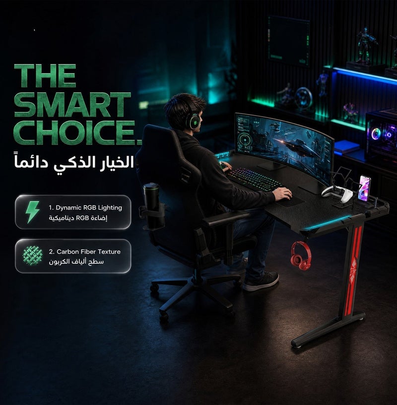 جرين ليون مكتب ألعاب RGB مقاس 120×60 مع سبعة أوضاع ألوان وحامل أكواب، مكتب للمنزل أو المكتب، أخدود للهاتف المحمول، طاولة للاعبين، مقاوم للاهتراء، تصميم مضاد للاصطدام، مقاوم لدرجات الحرارة العالية، أرجل طاولة من الفولاذ الكربوني - أسود - Image 5