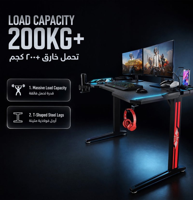 جرين ليون مكتب ألعاب RGB مقاس 120×60 مع سبعة أوضاع ألوان وحامل أكواب، مكتب للمنزل أو المكتب، أخدود للهاتف المحمول، طاولة للاعبين، مقاوم للاهتراء، تصميم مضاد للاصطدام، مقاوم لدرجات الحرارة العالية، أرجل طاولة من الفولاذ الكربوني - أسود - Image 3