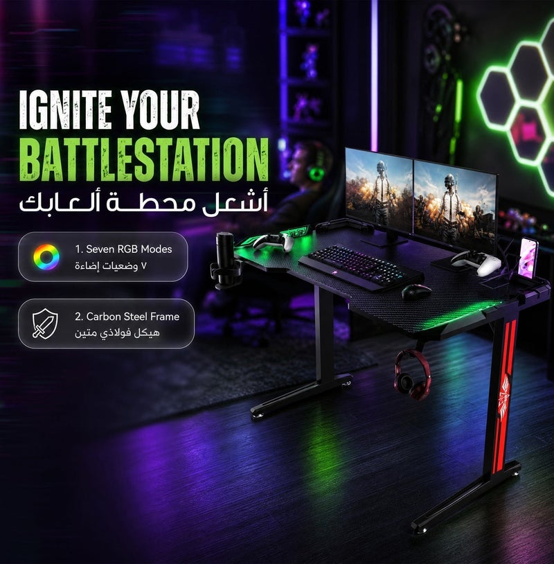جرين ليون مكتب ألعاب RGB مقاس 120×60 مع سبعة أوضاع ألوان وحامل أكواب، مكتب للمنزل أو المكتب، أخدود للهاتف المحمول، طاولة للاعبين، مقاوم للاهتراء، تصميم مضاد للاصطدام، مقاوم لدرجات الحرارة العالية، أرجل طاولة من الفولاذ الكربوني - أسود - Image 2