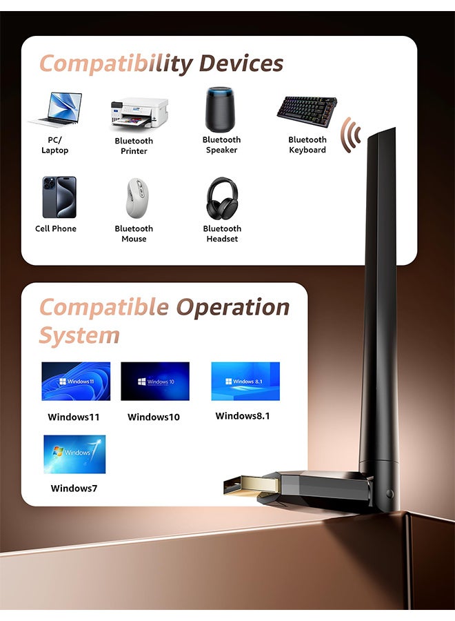 Wireless USB Bluetooth 5.4 Adapter for PC - USB AdapterAX900M Dual Mode BLE/EDR, Wireless Network External Receiver for Desktop Laptop Dual Band Wireless Adapter WiFi Dongle for Windows 10/11 Wireless Network Adapter for PC Computer，Black - Image 5