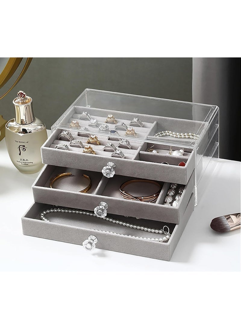 Jewelry Organizer - Transparent 3-Drawer Acrylic Case with Velvet Trays for Women, Modern Design for Storing Earrings, Bracelets, Necklaces, Rings, and Brooches (Gray) - Image 3