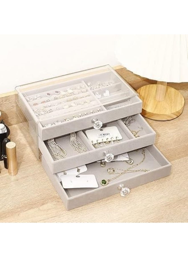 Jewelry Organizer - Transparent 3-Drawer Acrylic Case with Velvet Trays for Women, Modern Design for Storing Earrings, Bracelets, Necklaces, Rings, and Brooches (Gray) - Image 5