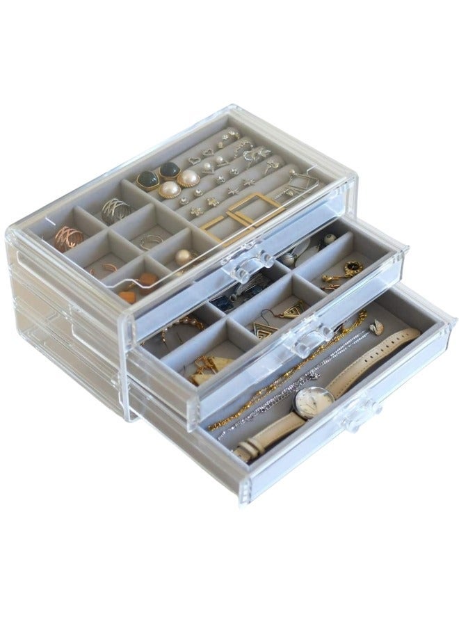 Jewelry Organizer - Transparent 3-Drawer Acrylic Case with Velvet Trays for Women, Modern Design for Storing Earrings, Bracelets, Necklaces, Rings, and Brooches (Gray) - Image 1