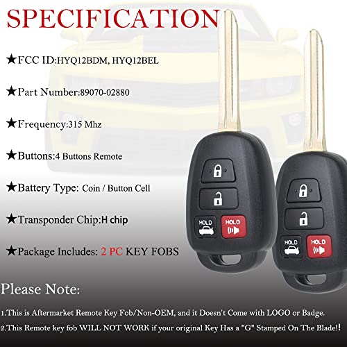 MechanMagic Key Fob Remote Replacement Fits for Toyota Corolla 2014-2019/Camry 2014-2017/Tacoma 2016-2018 HYQ12BDM Keyless Entry Remote Control HYQ12BEL 89070-02880 H Chip(Pack of 2) - Image 5