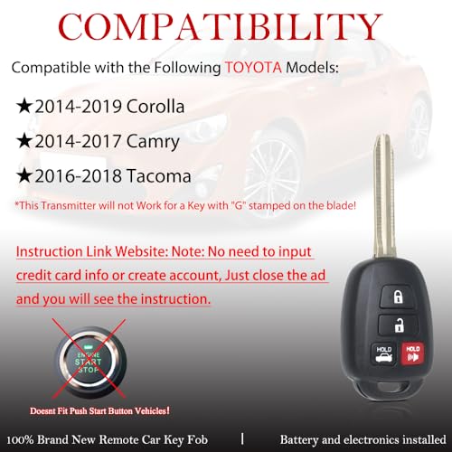 MechanMagic Key Fob Remote Replacement Fits for Toyota Corolla 2014-2019/Camry 2014-2017/Tacoma 2016-2018 HYQ12BDM Keyless Entry Remote Control HYQ12BEL 89070-02880 H Chip(Pack of 2) - Image 4