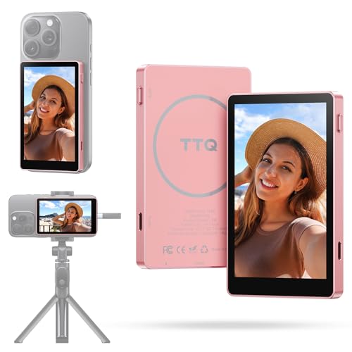 TTQ Vlog Selfie Monitor Screen Magnetic Phone Vlog Selfie Monitor Screen 4K 60fps Bluetooth Remote Back Camera Monitor for Vlog Live Stream TikTok Compatible with iPhone Android Pink - Image 1