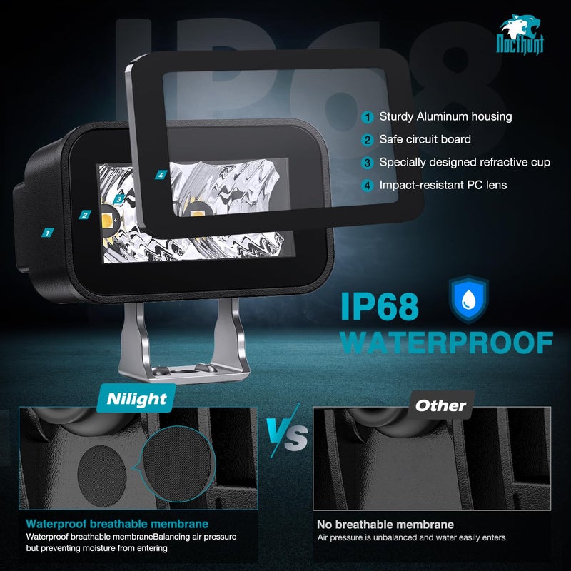 Nilight Motorcycle LED Pods 2 PCS 3 Inch 10 W Flood Beam Square Mini Driving Offroad Side Ditch Lights Built-in EMC for Tractor Truck Motorbike Boat ATV - Image 5