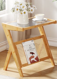 Sharpdo SHARPDO Rattan Side Table, Mid Century Nightstand, Bamboo Accent Bedside Tables, Glass Coffee Tables, Boho Wooden End Table with Storage for Small Space, Living Room and Bedroom 45*37*56CM  - Image 3
