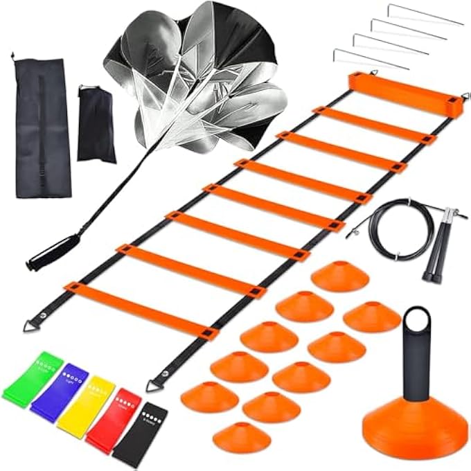 rayihni Speed Agility Training Set, Includes 12 Rung Agility Ladder,10 Disc Cones, Jump Rope, Resistance Bands, Running Parachute, Holder, For Football, Hockey Training Athletes - Image 1