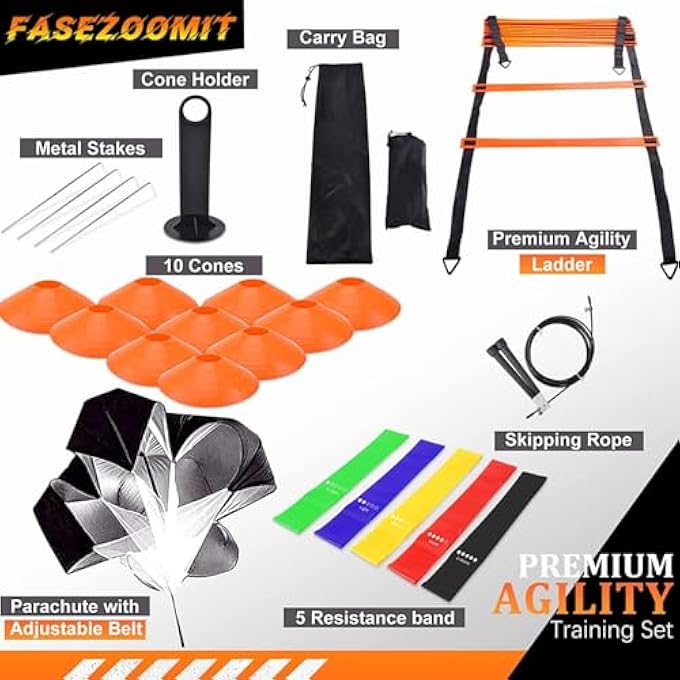 rayihni Speed Agility Training Set, Includes 12 Rung Agility Ladder,10 Disc Cones, Jump Rope, Resistance Bands, Running Parachute, Holder, For Football, Hockey Training Athletes - Image 3