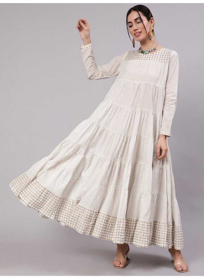 AKS White Gold Print Tiered Maxi Dress  - Image 1