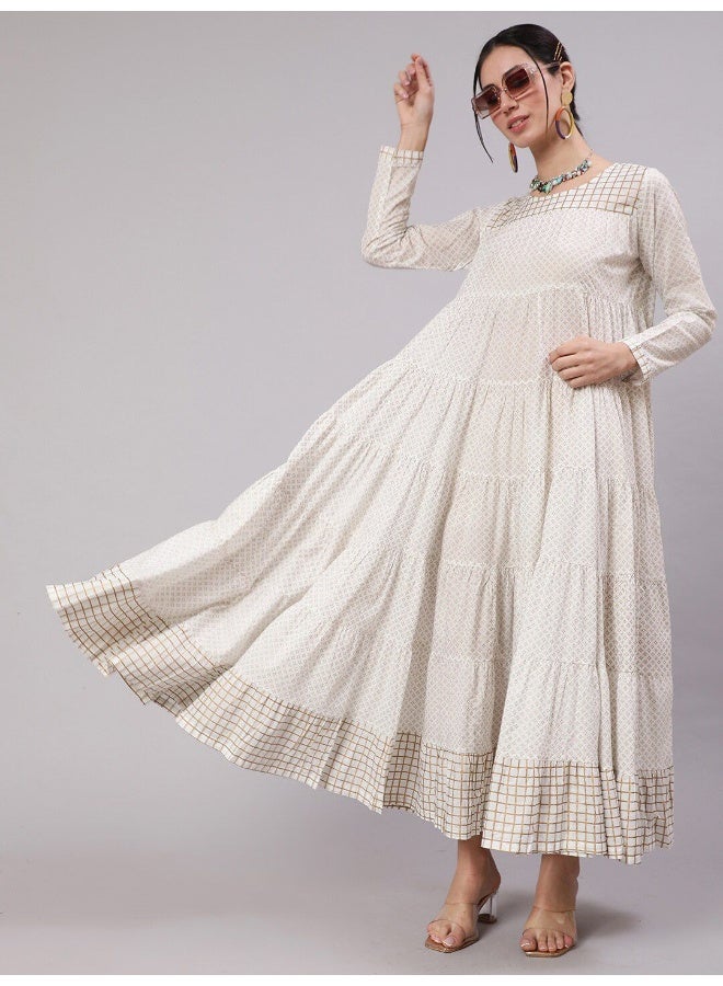 White Gold Print Tiered Maxi Dress