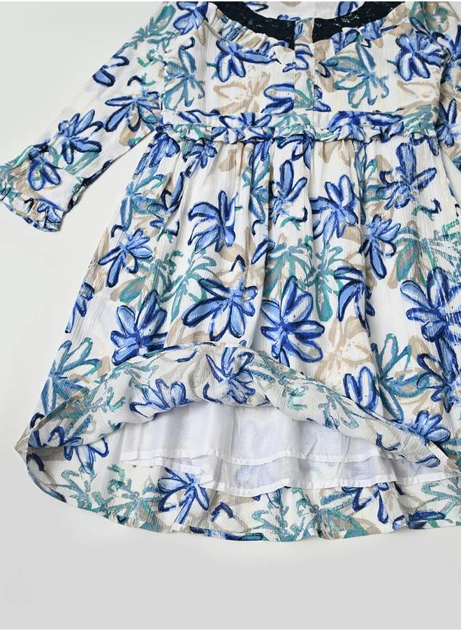 BELLA MODA Bella Moda All-Over Floral Print Lace Insert Cotton Dress with Lining