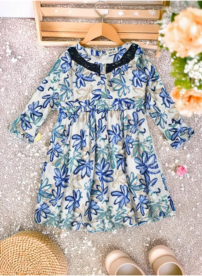 BELLA MODA Bella Moda All-Over Floral Print Lace Insert Cotton Dress with Lining