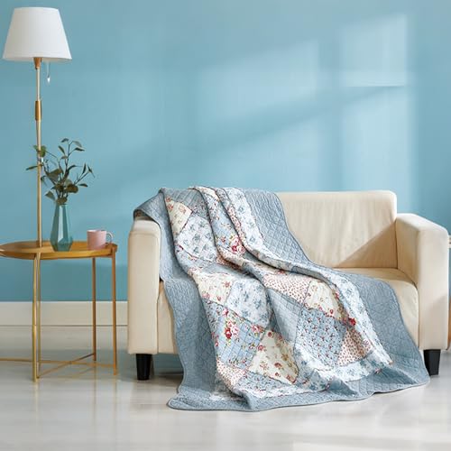 Cozyholy Original 100% Cotton Quilt Queen Size Blue Floral Patchwork Quilted Throw Blanket, Reversible Bedspread Coverlet Vintage Shabby Chic Bedding Quilt for Bed Couch Sofa - Image 2