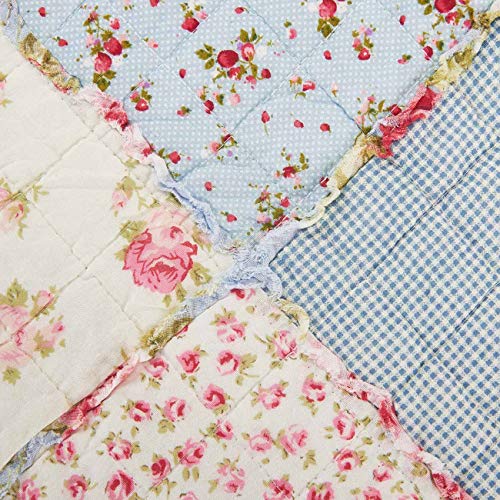 Cozyholy Original 100% Cotton Quilt Queen Size Blue Floral Patchwork Quilted Throw Blanket, Reversible Bedspread Coverlet Vintage Shabby Chic Bedding Quilt for Bed Couch Sofa - Image 4