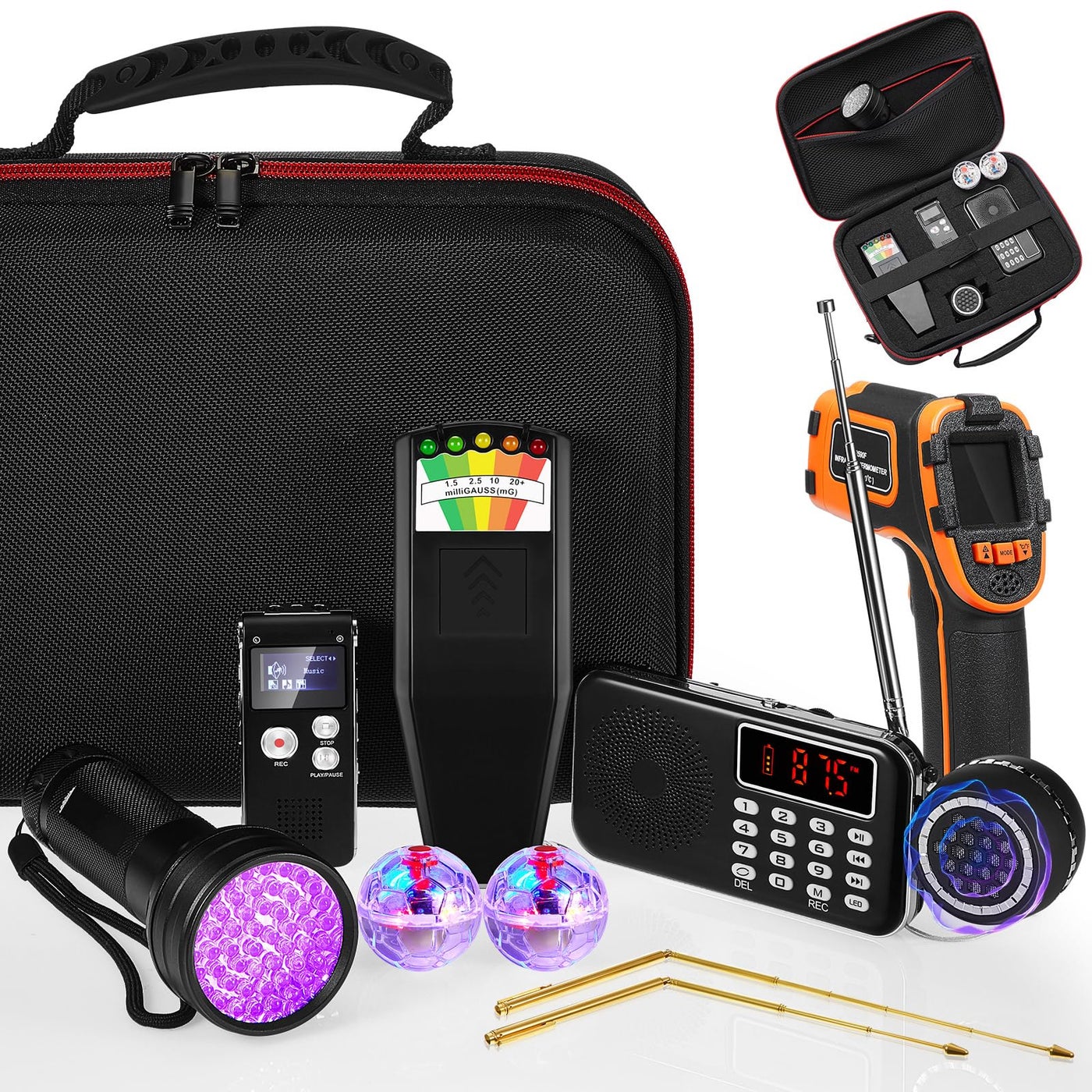 Dunzy 11 Pcs Ghost Hunting Equipment Kit Include Ghost Radio, Voice Recorder, UV Flashlight 2 LED Light up Cat Balls Etc(Upgrade Temp Gun)