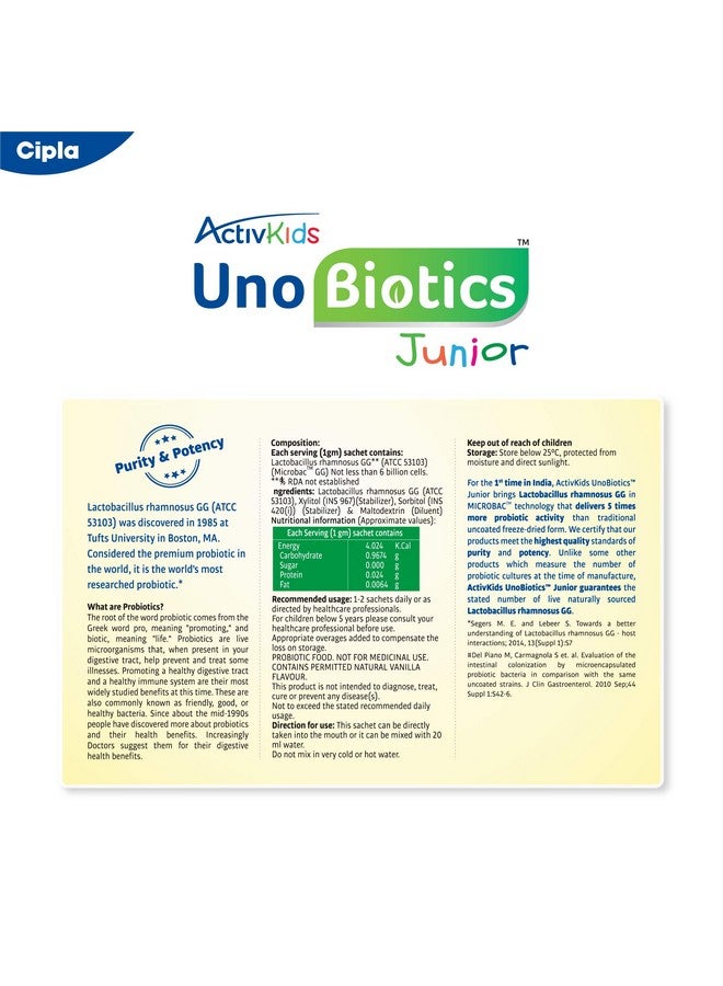 Cipla سيبلا أكتيف كيدز أونوبيوتيك جونيور مع نشاط بروبيوتيك 5X أكثر | مسحوق يساعد في بناء المناعة ويعيد البكتيريا الجيدة | بروبيوتيك للأطفال - 10 أكياس، 1 عدد، 10 حصص - Image 5