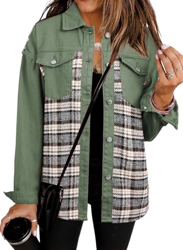 Shein SHEWIN Fall Outfits for Women 2025 Long Sleeve Oversized Plaid Jean Jacket Early Fall Fashion Soft Comfy Light Jackets for Women Trendy Green Large - Image 2