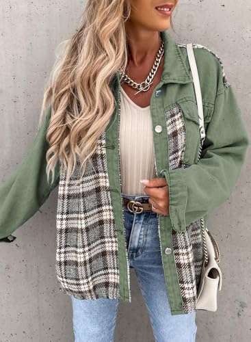 Shein SHEWIN Fall Outfits for Women 2025 Long Sleeve Oversized Plaid Jean Jacket Early Fall Fashion Soft Comfy Light Jackets for Women Trendy Green Large - Image 4