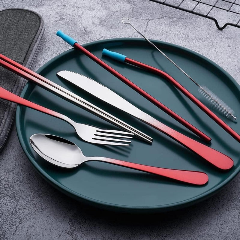 OASMU Travel Utensils Set with Case Reusable Portable Cutlery Set Stainless Steel 8pcs Including Dinner Knife Fork Spoon Chopsticks straws (Gradient Red) - Image 2