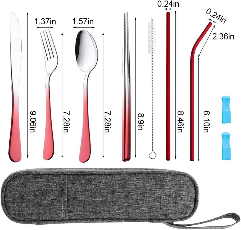 OASMU Travel Utensils Set with Case Reusable Portable Cutlery Set Stainless Steel 8pcs Including Dinner Knife Fork Spoon Chopsticks straws (Gradient Red) - Image 3