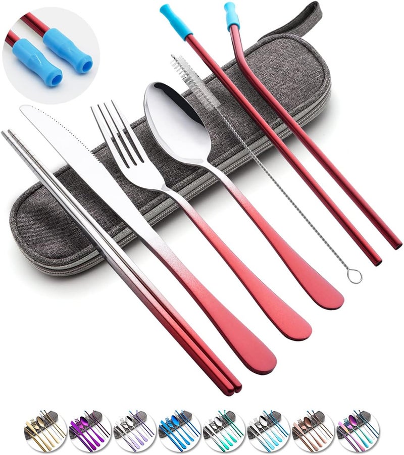 OASMU Travel Utensils Set with Case Reusable Portable Cutlery Set Stainless Steel 8pcs Including Dinner Knife Fork Spoon Chopsticks straws (Gradient Red) - Image 1