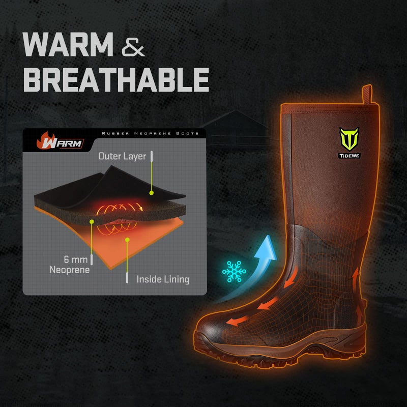 TIDEWE Rubber Neoprene Boots Men And Women, Waterproof Sturdy 6mm Neoprene Boot, Rain Boot Hunting Boot Arctic Outdoor Boot Men Size 11 Brown - Image 4