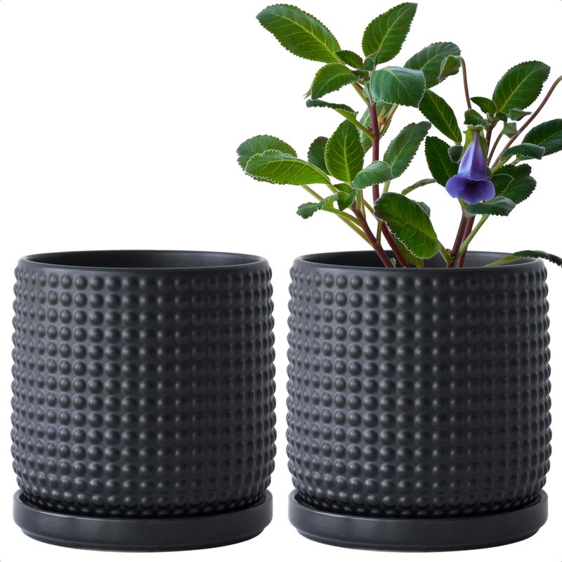 D'vine Dev Set of 2 Ceramic Plants Pots, 6 Inch Beaded Stoneware Flower Pot for Plants with Drainage Hole and Saucer, Ebony Matte, 27-E-X-6 - Image 1