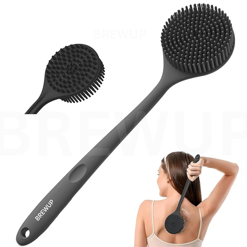Brewup Premium Soft Silicon Bath Body Brush with Bristles - Body Scrubber Shower Brushes with Long Handle Exfoliating Back -Improves Skin‘s Health and Beauty - Bath Rich Foam For Men and Women (Grey) - Image 1