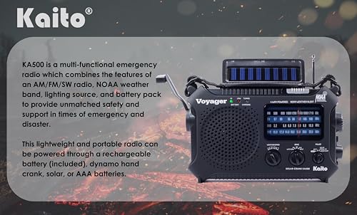 Kaito KA500 5-way Powered Emergency AM/FM/SW NOAA Weather Alert Radio with Solar,Dynamo Crank,Flashlight and Reading Lamp, Color Black - Image 3