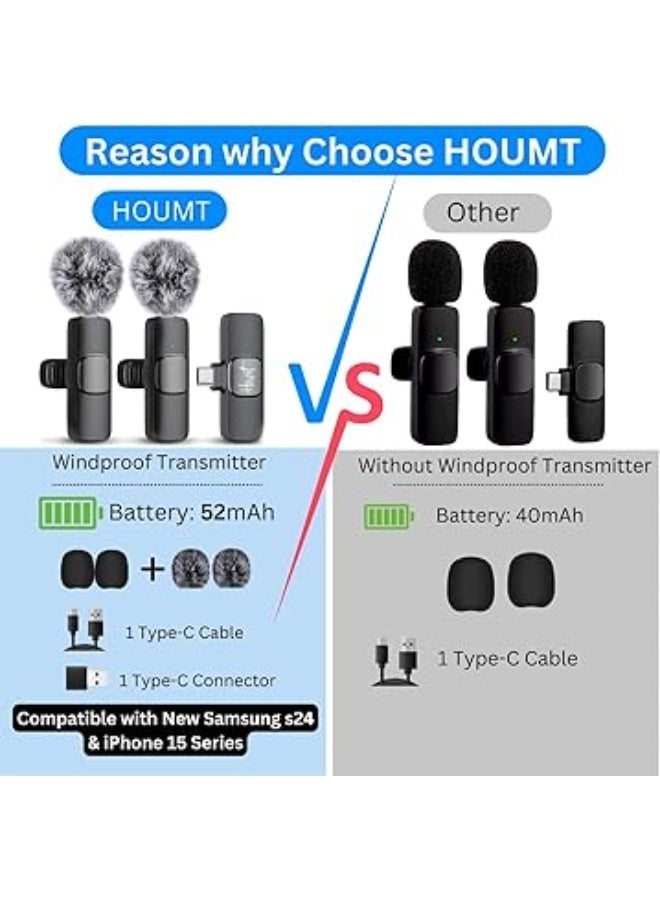 حومة ميكروفون لاسلكي لواجهة اندرويد بمنفذ USB-C متوافق مع سلسلة سامسونج s24 وايفون 15 - لافالير لنظام - USB نوع سي لتسجيل الفيديو ومدونات 2 في 1 أحادى أسود من حومة - Image 4