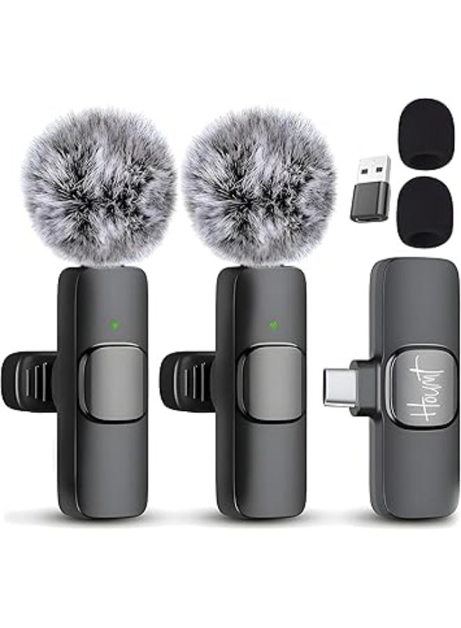 حومة ميكروفون لاسلكي لواجهة اندرويد بمنفذ USB-C متوافق مع سلسلة سامسونج s24 وايفون 15 - لافالير لنظام - USB نوع سي لتسجيل الفيديو ومدونات 2 في 1 أحادى أسود من حومة - Image 1