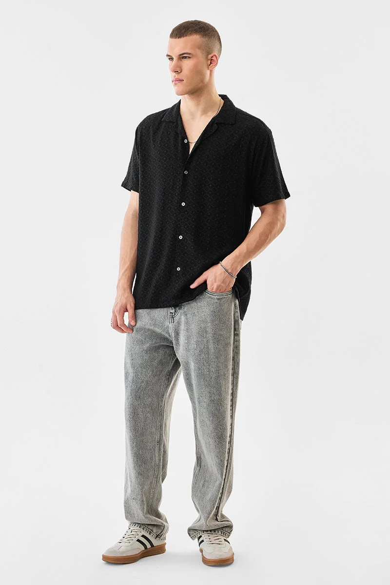 SNITCH Black Textured Half Sleeve Boxy Shirt