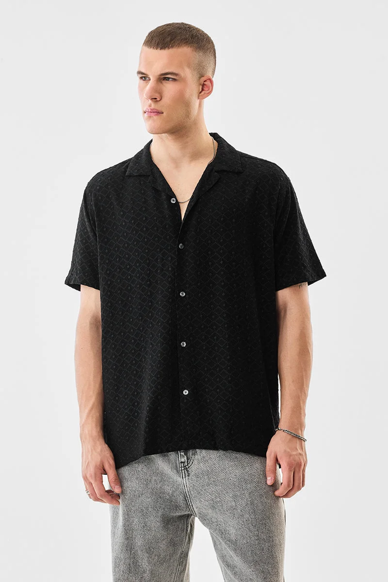 SNITCH Black Textured Half Sleeve Boxy Shirt