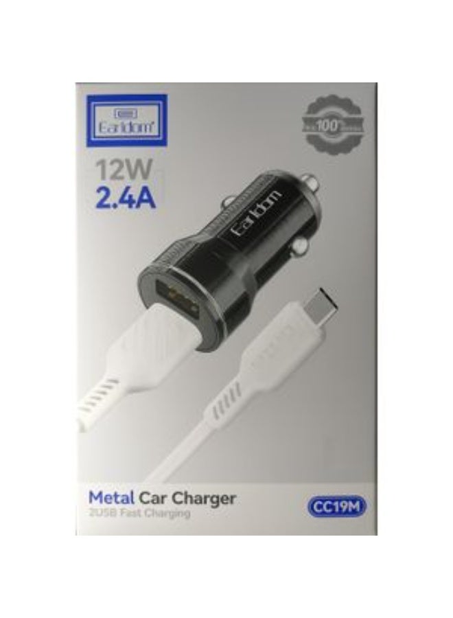 Earldom CC19M ​​Metal Car Charger with Dual 2.4A 12W Fast Charging Ports + Micro Cable - Black - Image 3