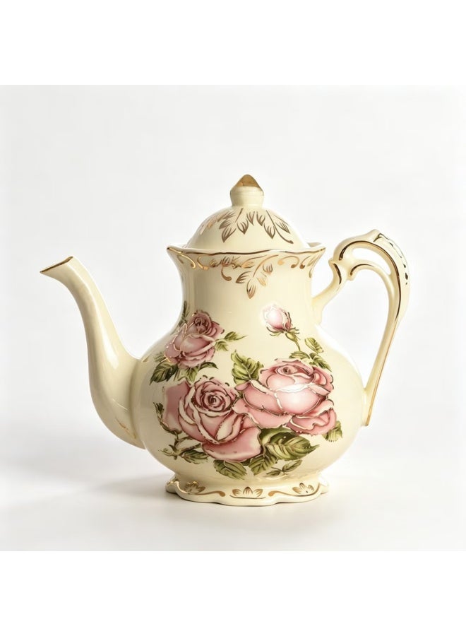 Pink Rose Ceramic Teapot, Ivory Vintage Teapot with Gold Floral Trim, 1200ml Capacity for 5 Cups, Ideal Gift for Women - Image 1